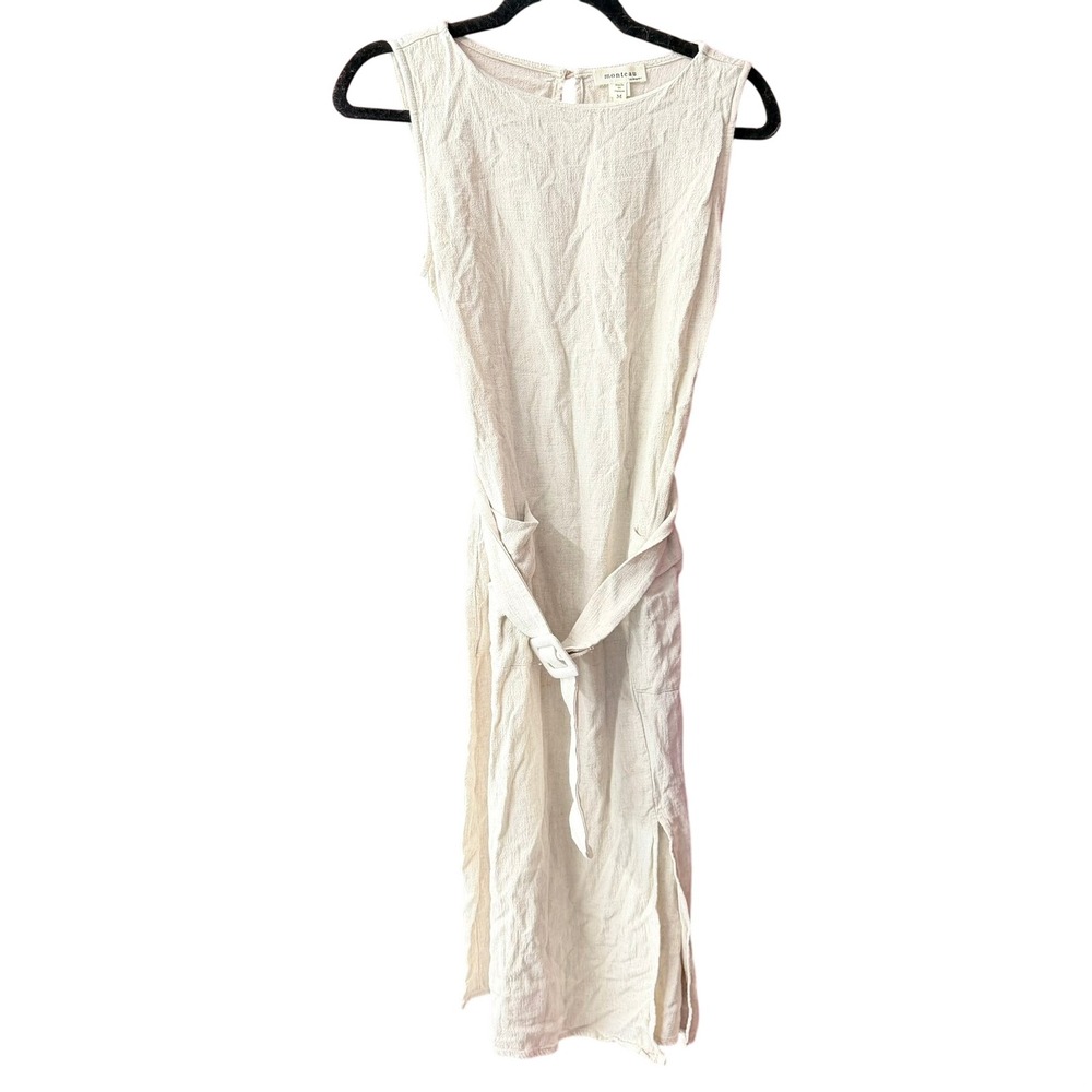 Monteau Midi Dress Women Size M Cream Linen Blend Belted Sleeveless Summer
